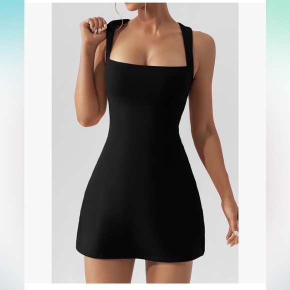 QINSEN Women's Square Neck Bodice Dress Sleeveless Stretch Flare Mini Dresses - Picture 9 of 9